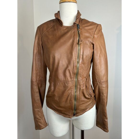 MUUBAA Delaney Black 100% Lamb Leather Biker Jacket Women's Indus Cognac Size 4 - Picture 1 of 10